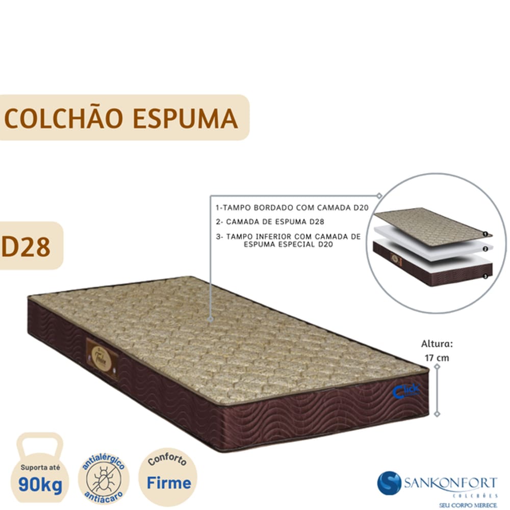Colchão Espuma D28 Sankonfort Toulon Solteiro Largura Menor 78x188x17 - Medida Especial - Até 90kg
