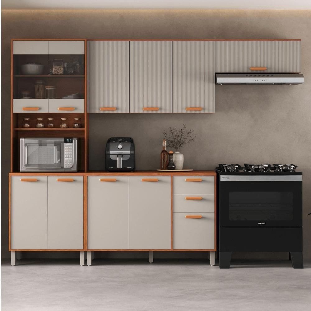 Cozinha Completa Itatiaia 2 Vidros 270cm Em Madeira Mdp Cinamomo Fendi Itafriz