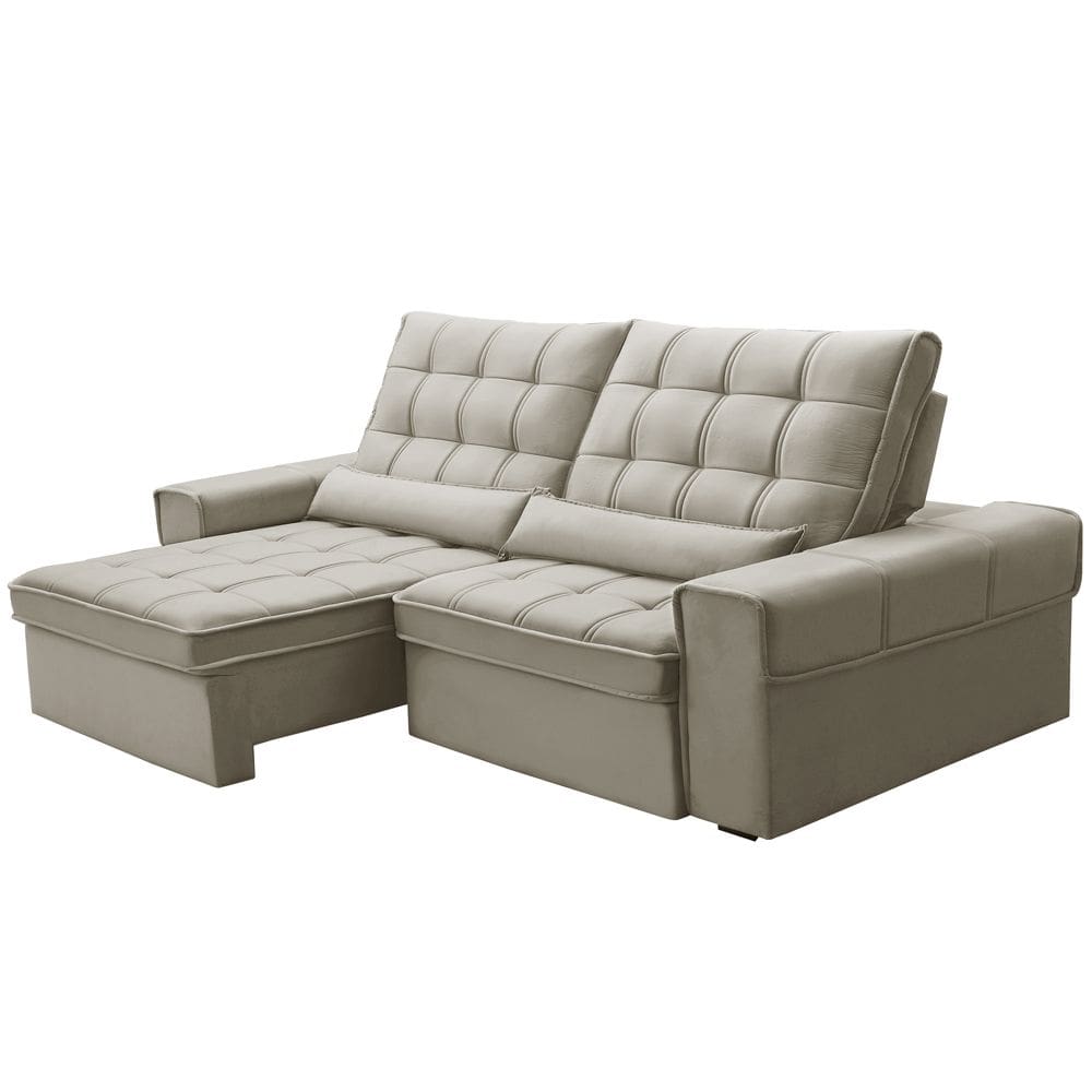 Sofá Retrátil Reclinável Para Sala 3 Lugares 250cm Nebrasca F04 Veludo Bege - Lyam Decor