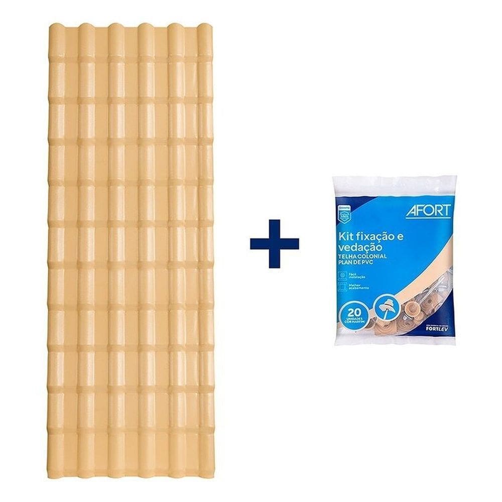 Kit 5 Telhas Plan PVC 1,98 x 0,88 x 1,6 mm 06 Ondas com 4 Kit Fixação e Vedação Afort Bege