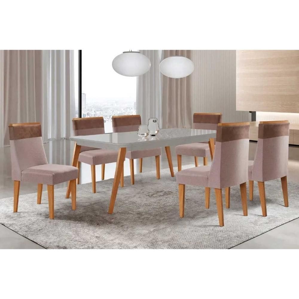 Sala de Jantar Completa Havana c/ Tampo Madeirado c/ Vidro Canto Curvo 180x90cm e 6 Cadeiras Jaspe Naturale/Off White - Linho Capuccino - Rufato