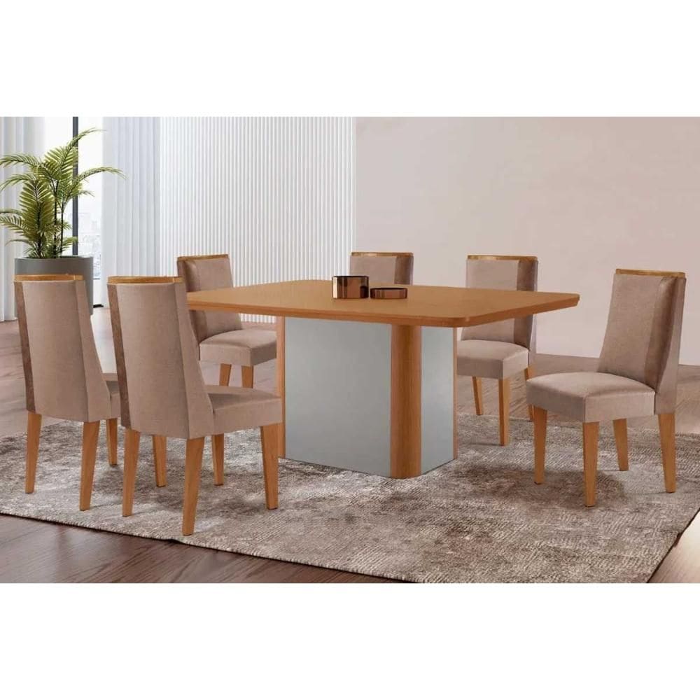 Sala de Jantar Completa Pietá c/ Tampo Madeirado Canto Curvo 180x90cm e 6 Cadeiras Tilia Naturale/Off White - Suede Capuccino - Rufato