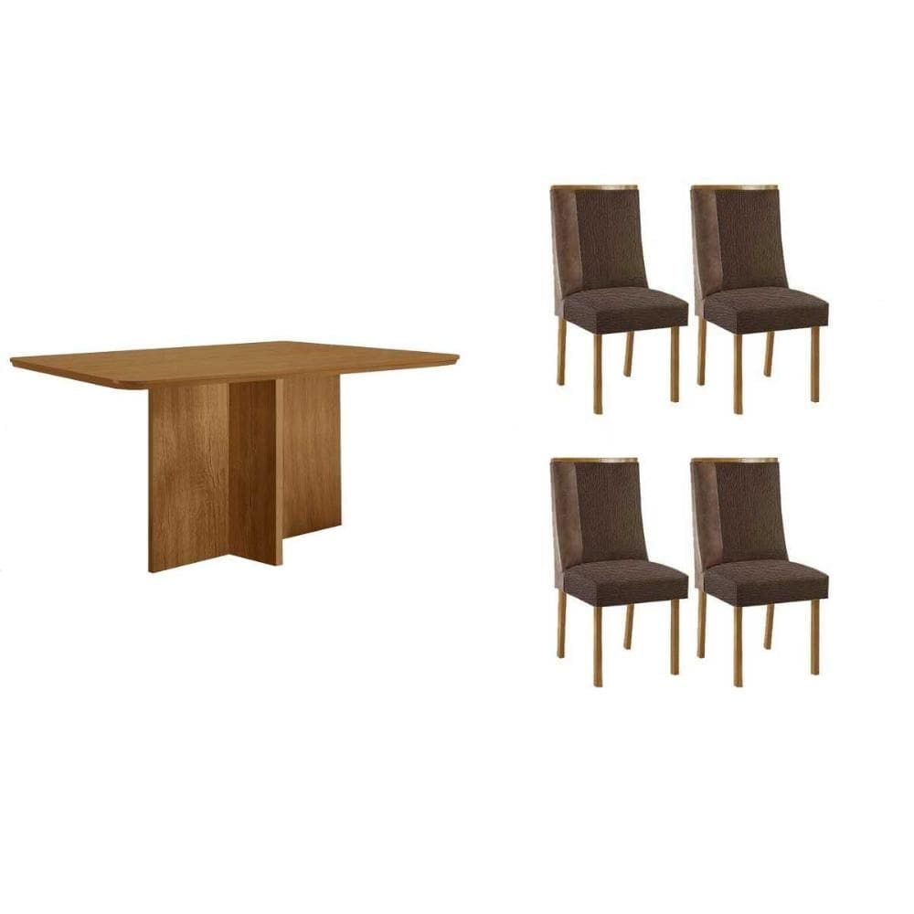 Sala de Jantar Completa Berlim c/ Tampo Madeirado Canto Curvo 120x80cm e 4 Cadeiras Tilia Naturale - Suede Marrom - Rufato