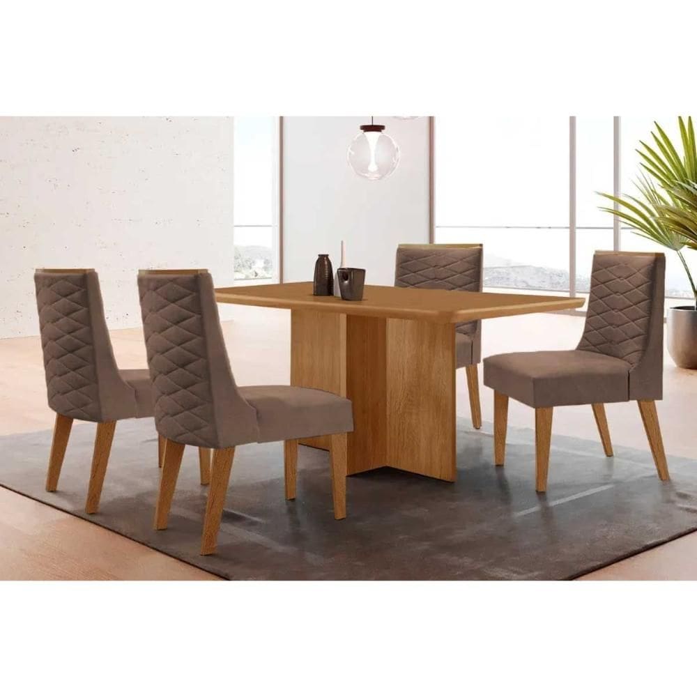 Sala de Jantar Completa Berlim c/ Tampo Madeirado Canto Curvo 120x80cm e 4 Cadeiras Dafne Naturale - Corano Capuccino - Rufato