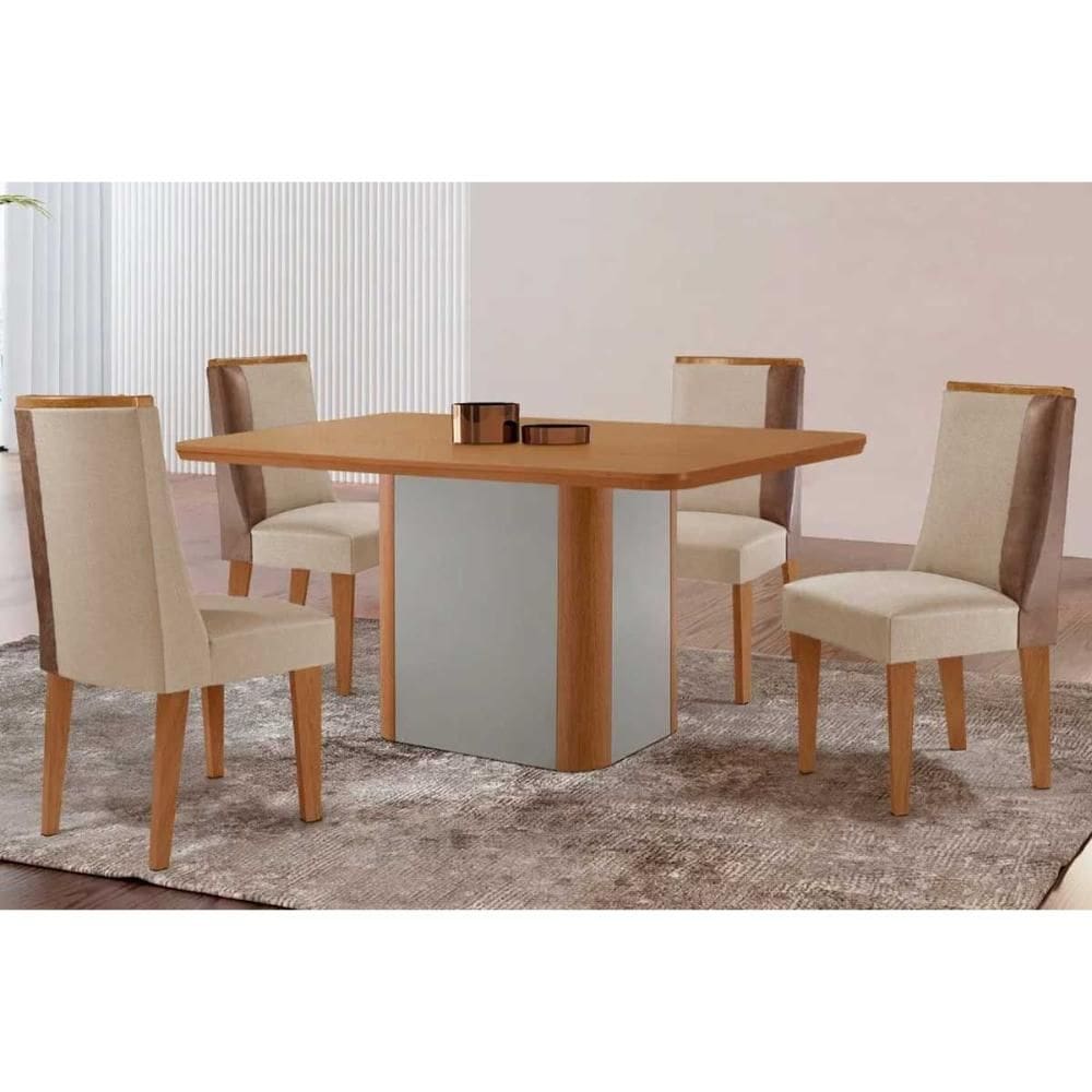 Sala de Jantar Completa Pietá c/ Tampo Madeirado Canto Curvo 120x80cm e 4 Cadeiras Tilia Naturale/Off White - Suede Creme - Rufato