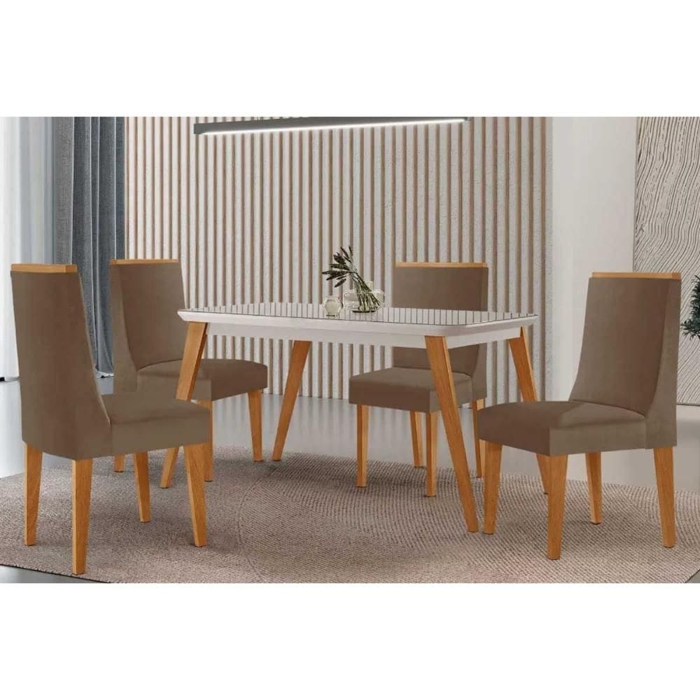 Conjunto Sala de Jantar Havana c/ Tampo Madeirado c/ Vidro Canto Curvo 120x80cm e 4 Cadeiras Dakota Madeira Maciça Naturale/Off White - Capuccino/Sued