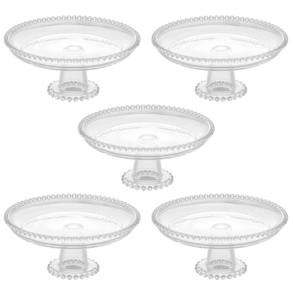 Kit 5 Boleiras de Cristal Wolff Pearl 20x9cm Prato com Pedestal Bolo Pudim Hotel Restaurante