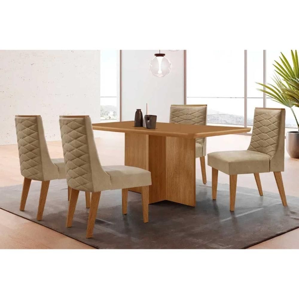 Sala de Jantar Completa Berlim c/ Tampo Madeirado Canto Curvo 120x80cm e 4 Cadeiras Dafne Naturale - Linho Bege - Rufato