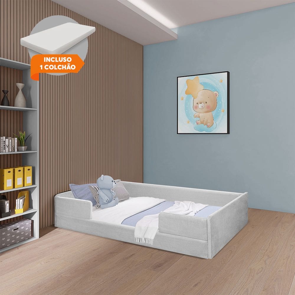 Cama Montessoriana de Criança com Colchão Luana em Madeira Maciça com Revestimento em Tecido Cinza