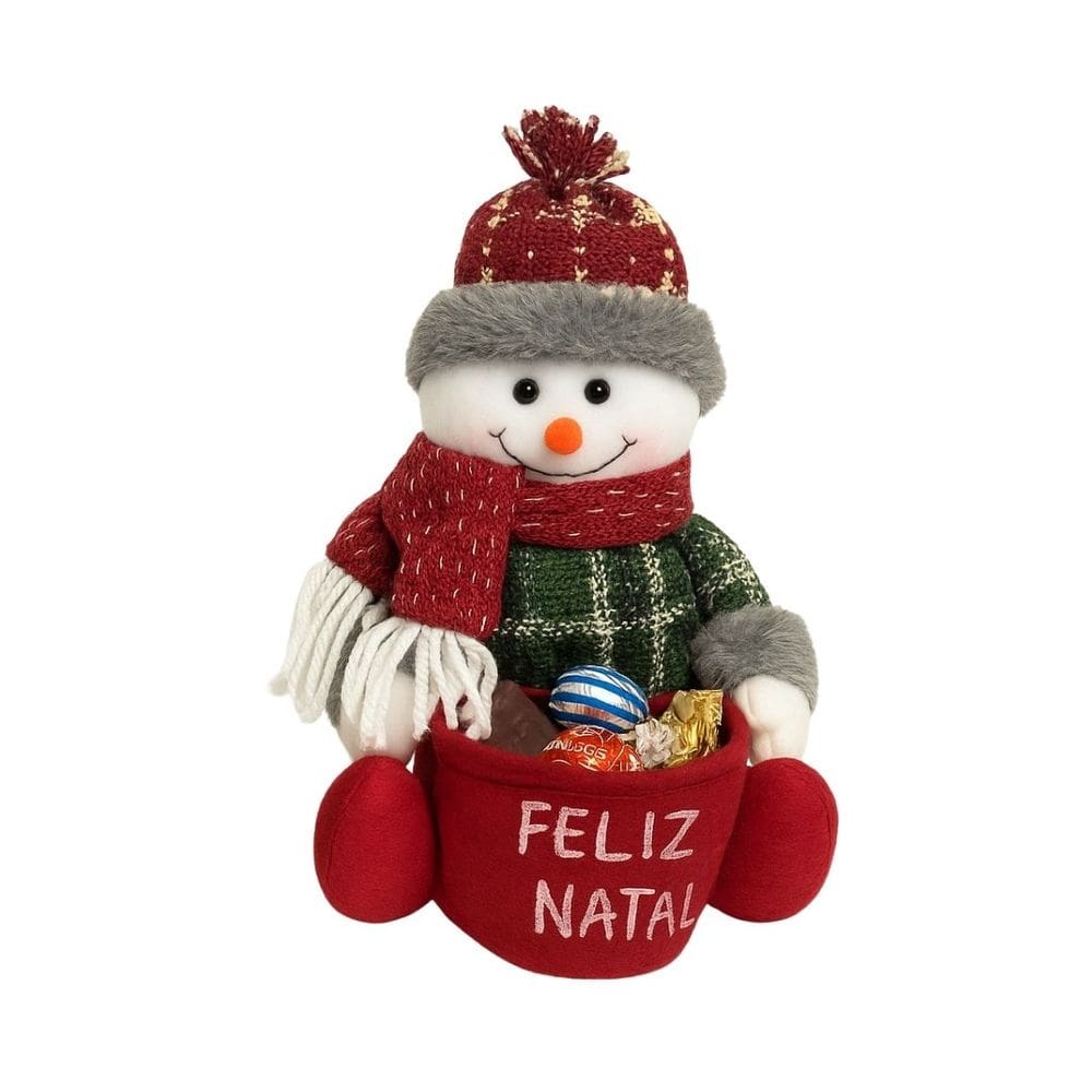 Boneco de Neve Sentado Decorativo Natal Pelúcia Saco Feliz Natal Vinho e Verde 20cm