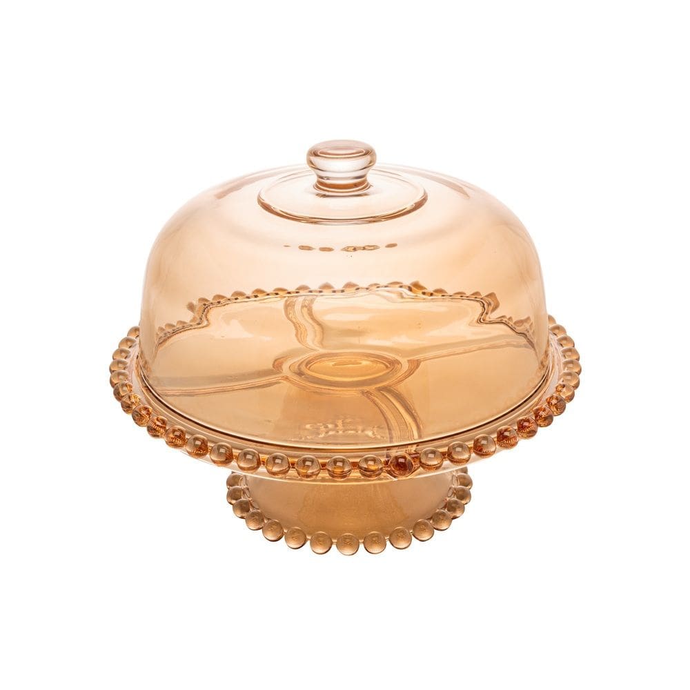 Prato P/Bolo C/Pé e Tampa Cristal Pearl Bolinha Âmbar 31x25cm Wolff