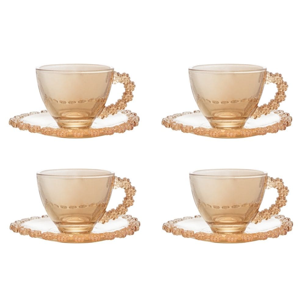 Cj 4 Xícaras P/Café C/Pires de Cristal Daisy Âmbar 80ml Wolff