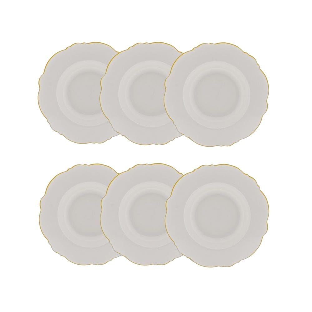 Cj 6 Pratos Fundos de Porcelana Branca Maldivas C/Filete Dourado 23cm Wolff