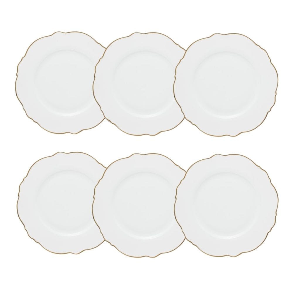 Cj 6 Pratos Rasos de Porcelana Branca Maldivas C/Filete Dourado 28cm Wolff