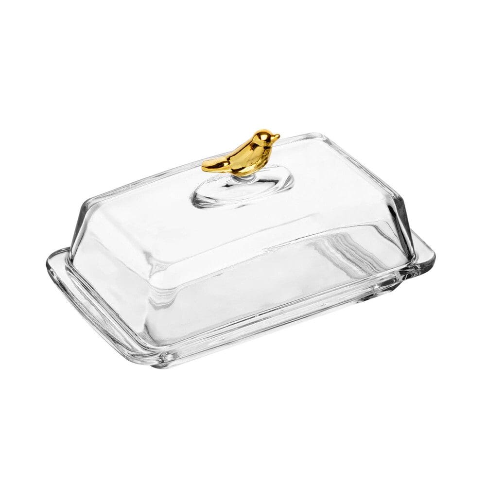 Manteigueira de Cristal C/Tampa Golden Bird Transparente 18x10cm Wolff