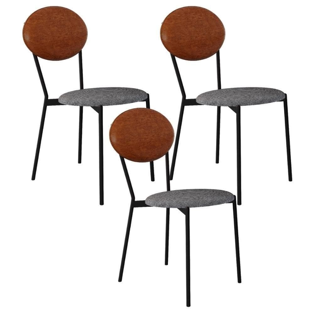 Kit 03 Cadeiras Estofada Para Sala De Jantar Azuri Preto C01 Linho Prata Courino Caramelo - Lyam Decor