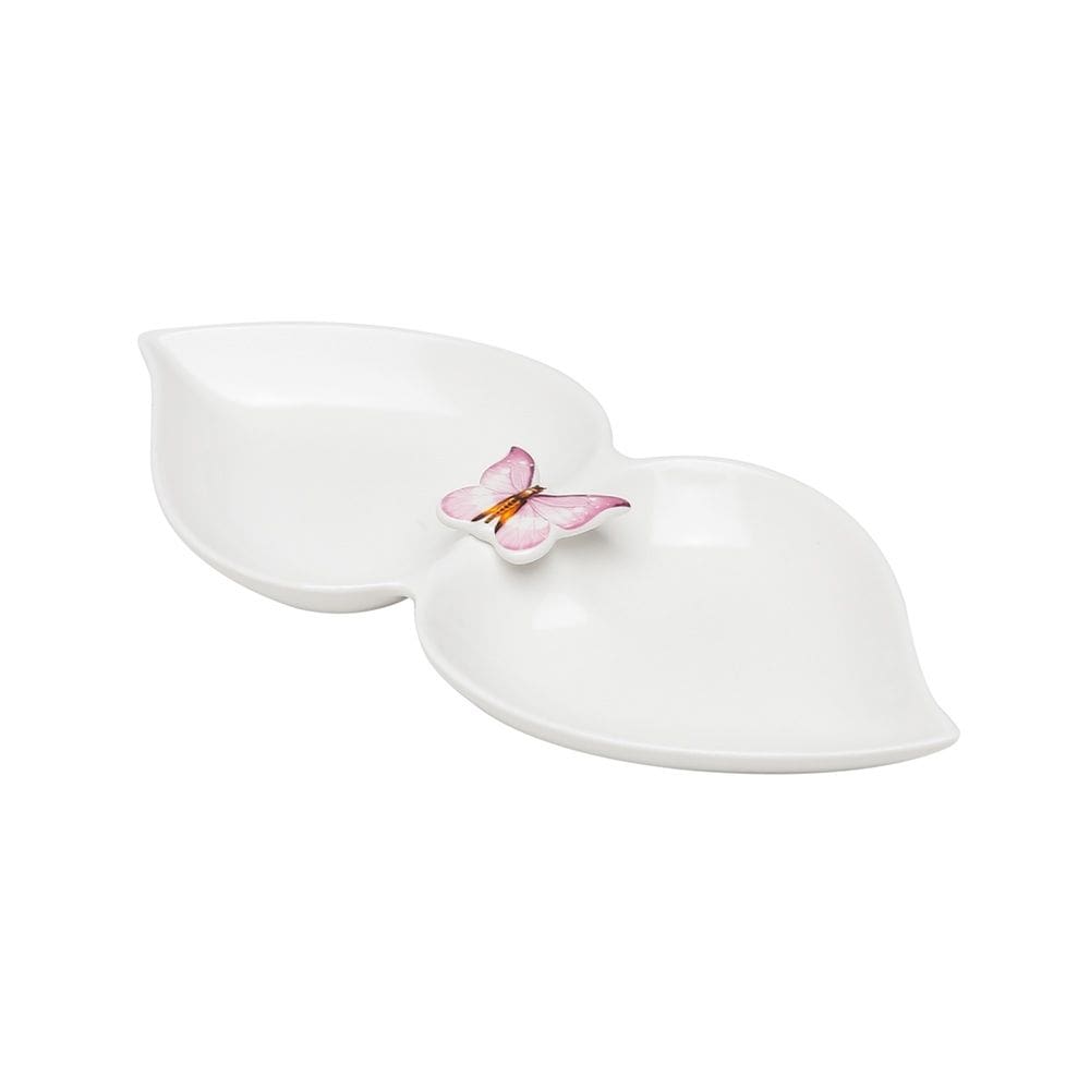 Petisqueira de Porcelana Branca C/2 Divisórias Coração Borboletas 10x22cm Wolff