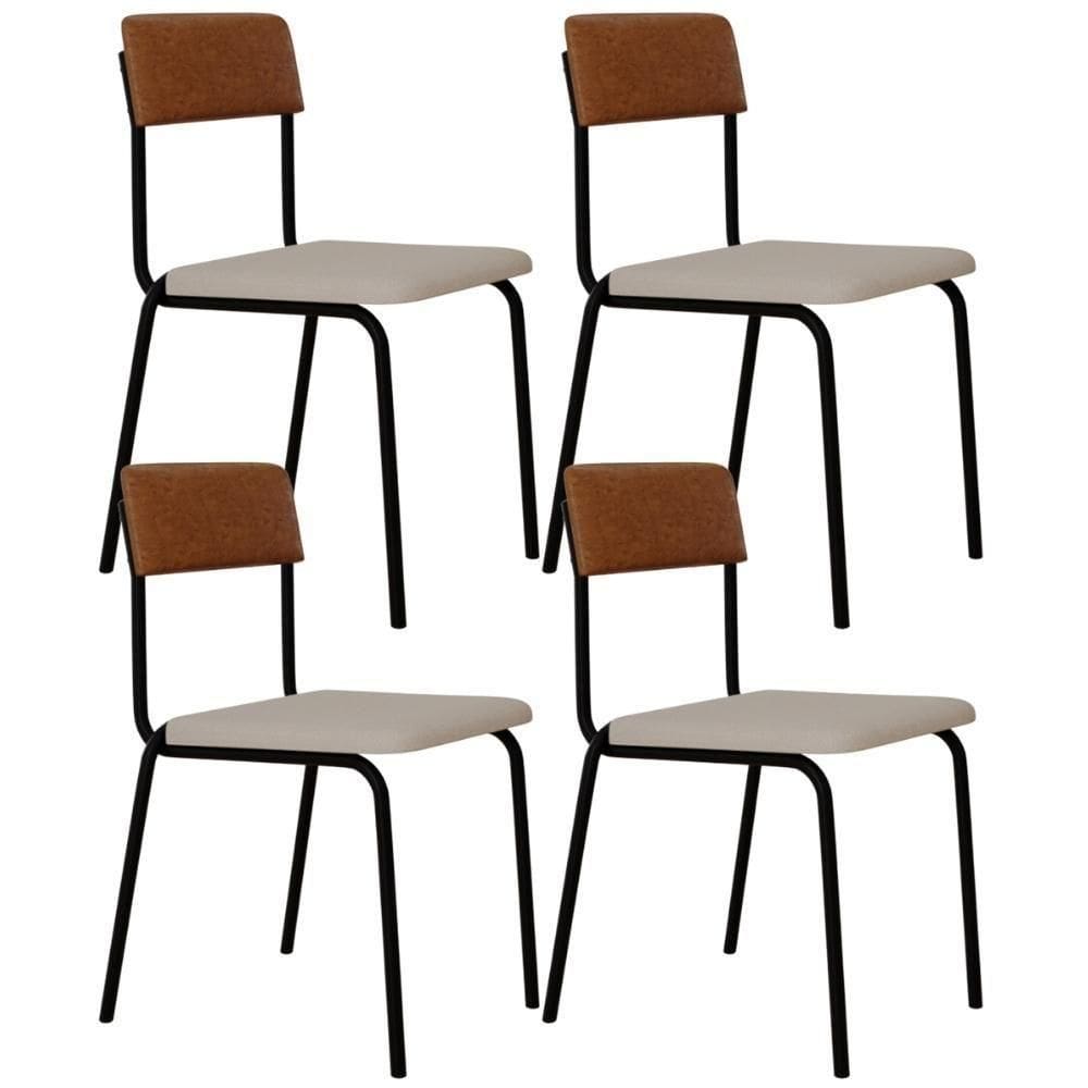 Kit 04 Cadeiras Estofada Para Sala De Jantar Sense Preto C01 Linho Palha Courino Caramelo - Lyam Decor