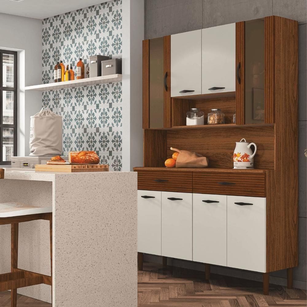 Kit Cozinha 8 Portas E Gavetas Golden Ripado / Off White / Nogueira