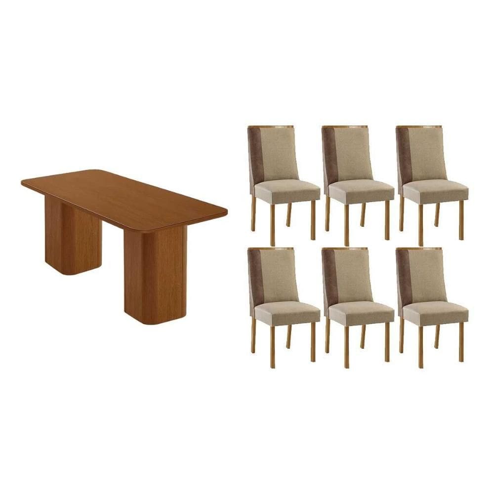 Sala de Jantar Completa Maldivas c/ Tampo Madeirado Canto Curvo 180x90cm e 6 Cadeiras Tilia Naturale - Suede Creme - Rufato