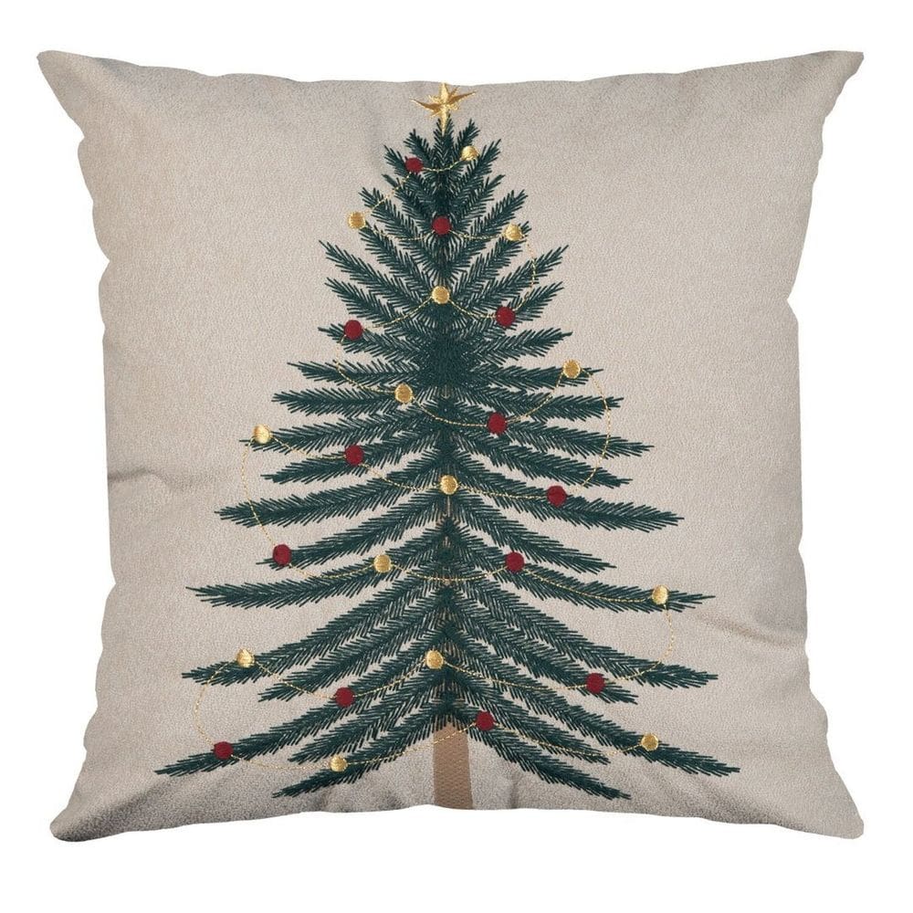 Capa para Almofada Aveludada Bordada Árvore de Natal 4x43cm Bege/Verde
