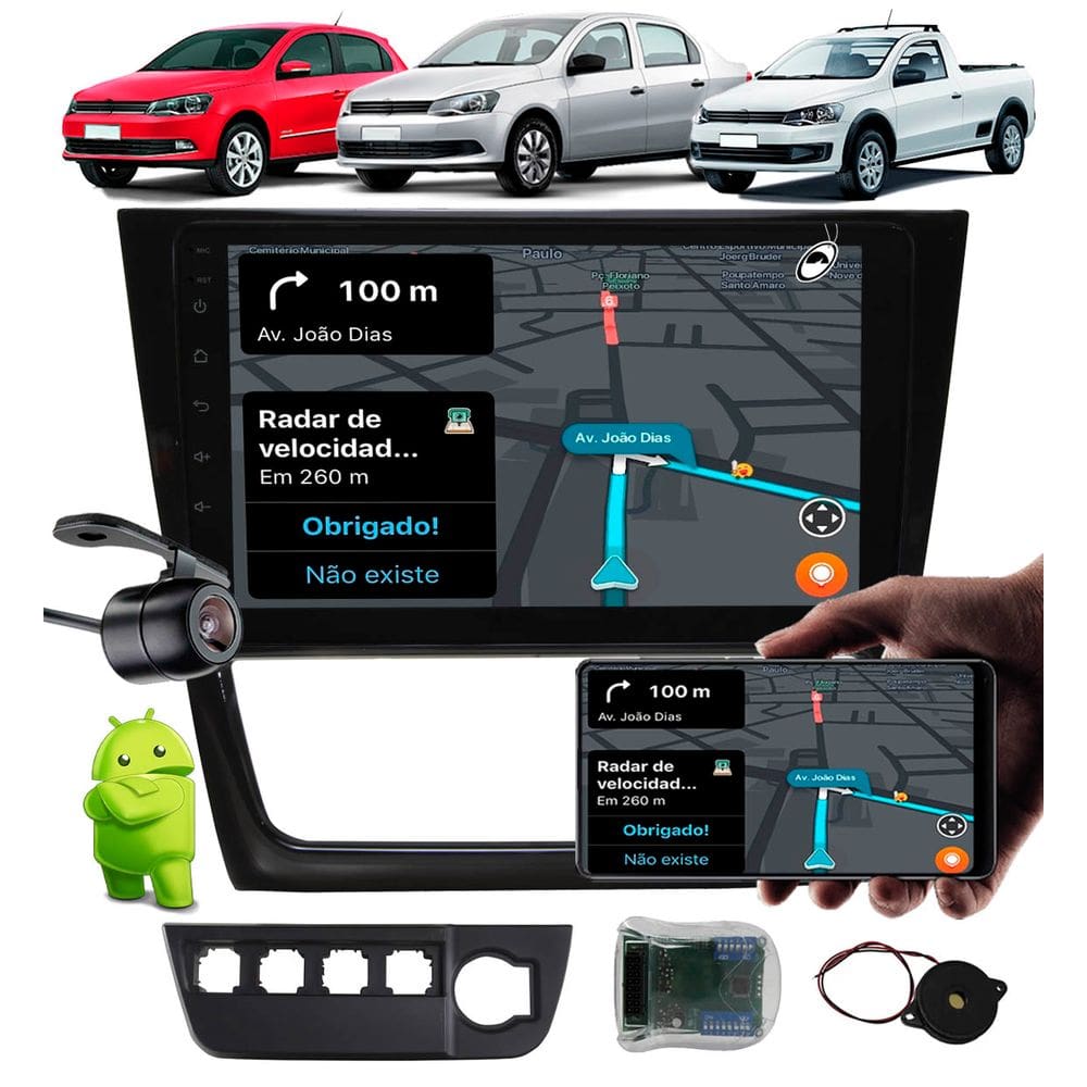 Multimídia 9” Polegadas Android Vw Gol Saveiro Voyage G6 + Moldura Painel + Câmera de Ré + Interface Comando de Volante