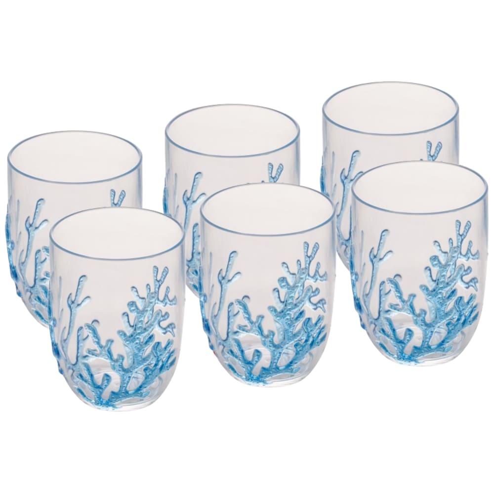 Cj 6 Copos Baixos de Acrílico Coral Azul 465ml Wolff