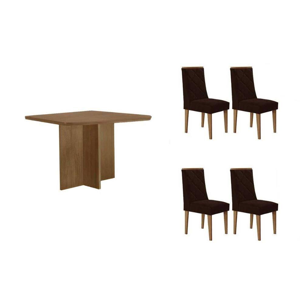 Sala de Jantar Completa Berlim c/ Tampo Madeirado Canto Curvo 90x90cm e 4 Cadeiras Pietá Naturale - Suede Marrom - Rufato