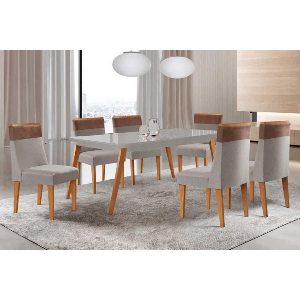 Sala de Jantar Completa Havana c/ Tampo Madeirado c/ Vidro Canto Curvo 180x90cm e 6 Cadeiras Jaspe Naturale/Off White - Suede Capuccino - Rufato