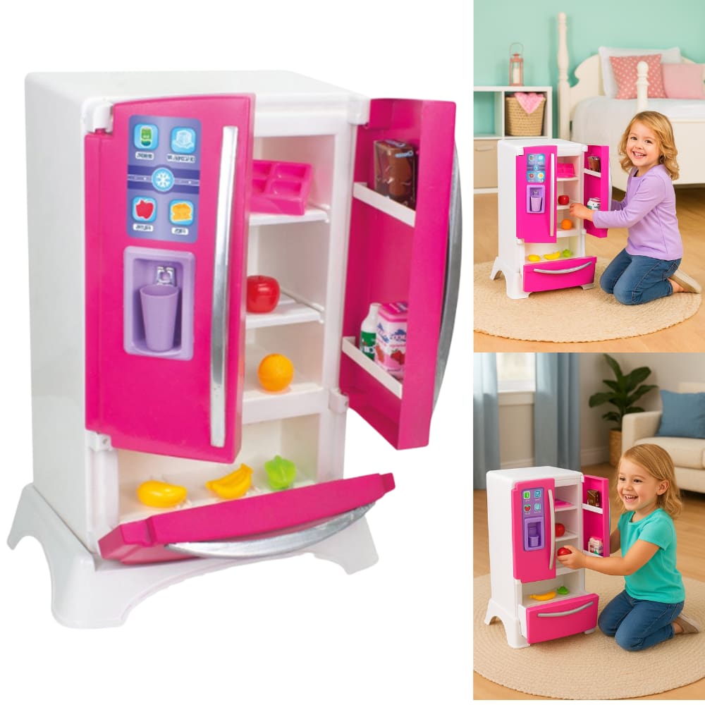 Geladeira Infantil 2 Portas Brinquedo Menina Cozinha Acessorios Sai Agua na Porta Rosa