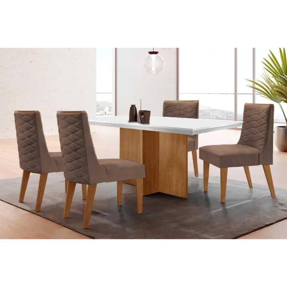 Sala de Jantar Completa Berlim c/ Tampo Madeirado c/ Vidro Canto Curvo 120x80cm e 4 Cadeiras Dafne Naturale/Off White - Corano Capuccino - Rufato