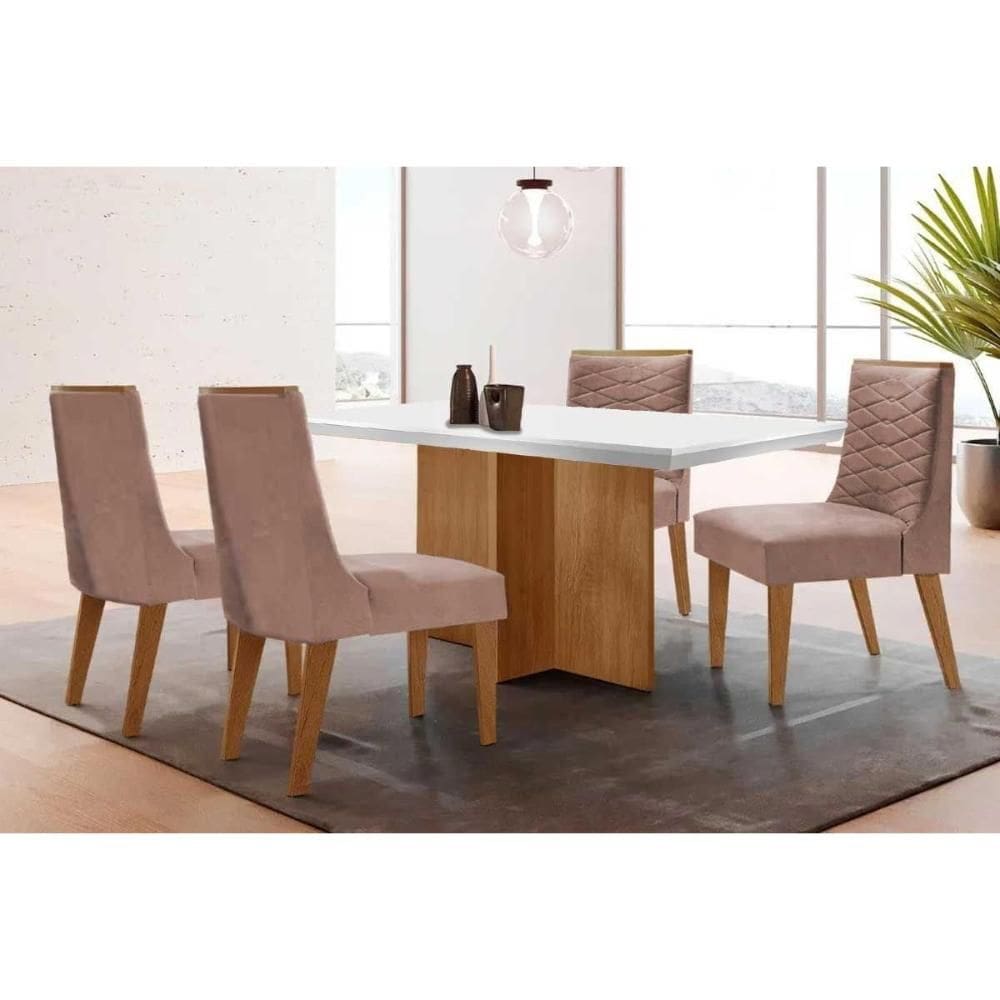 Sala de Jantar Completa Berlim c/ Tampo Madeirado c/ Vidro Canto Curvo 120x80cm e 4 Cadeiras Maldivas Naturale/Off White - Linho Capuccino - Rufato