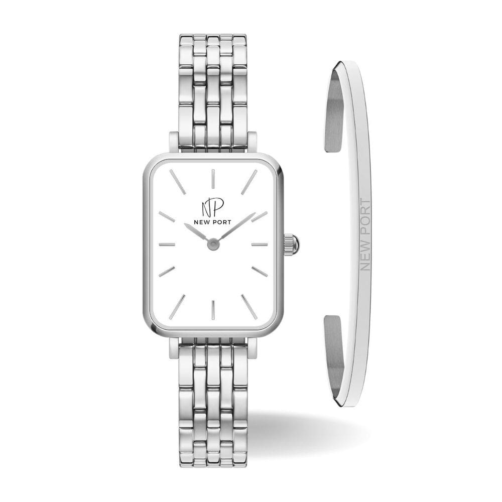 Relógio Feminino Quadrado Prata Elegante Casual + Bracelete