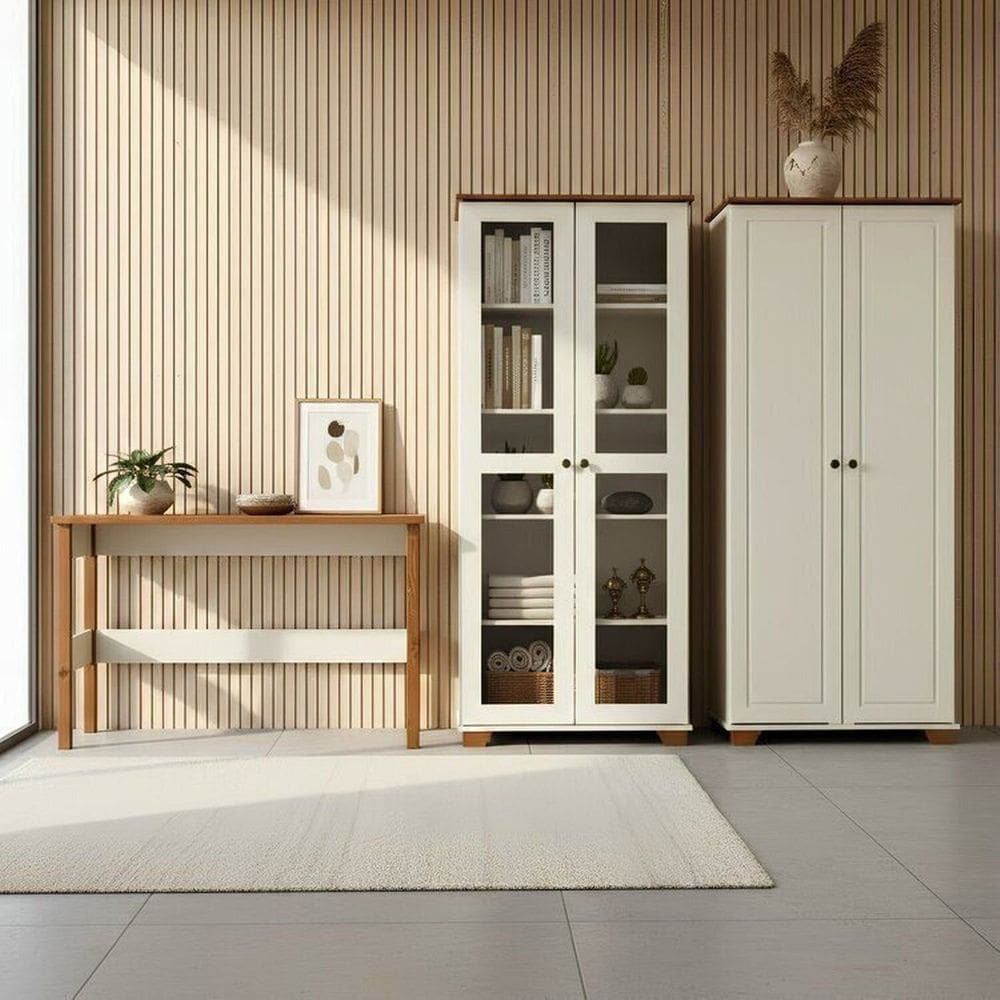 Conjunto com Escrivaninha 120cm e 2 Armários Multiuso Madeira Maciça Ananda Cabecasa Madeiramadeira Off White/Mel