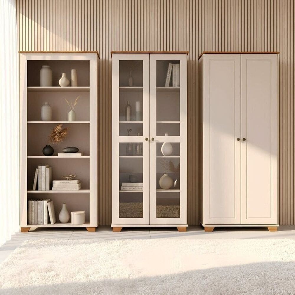 Conjunto com 3 Armários Multiuso Pés e Tampo em Madeira Maciça Ananda Cabecasa Madeiramadeira Off White/Mel