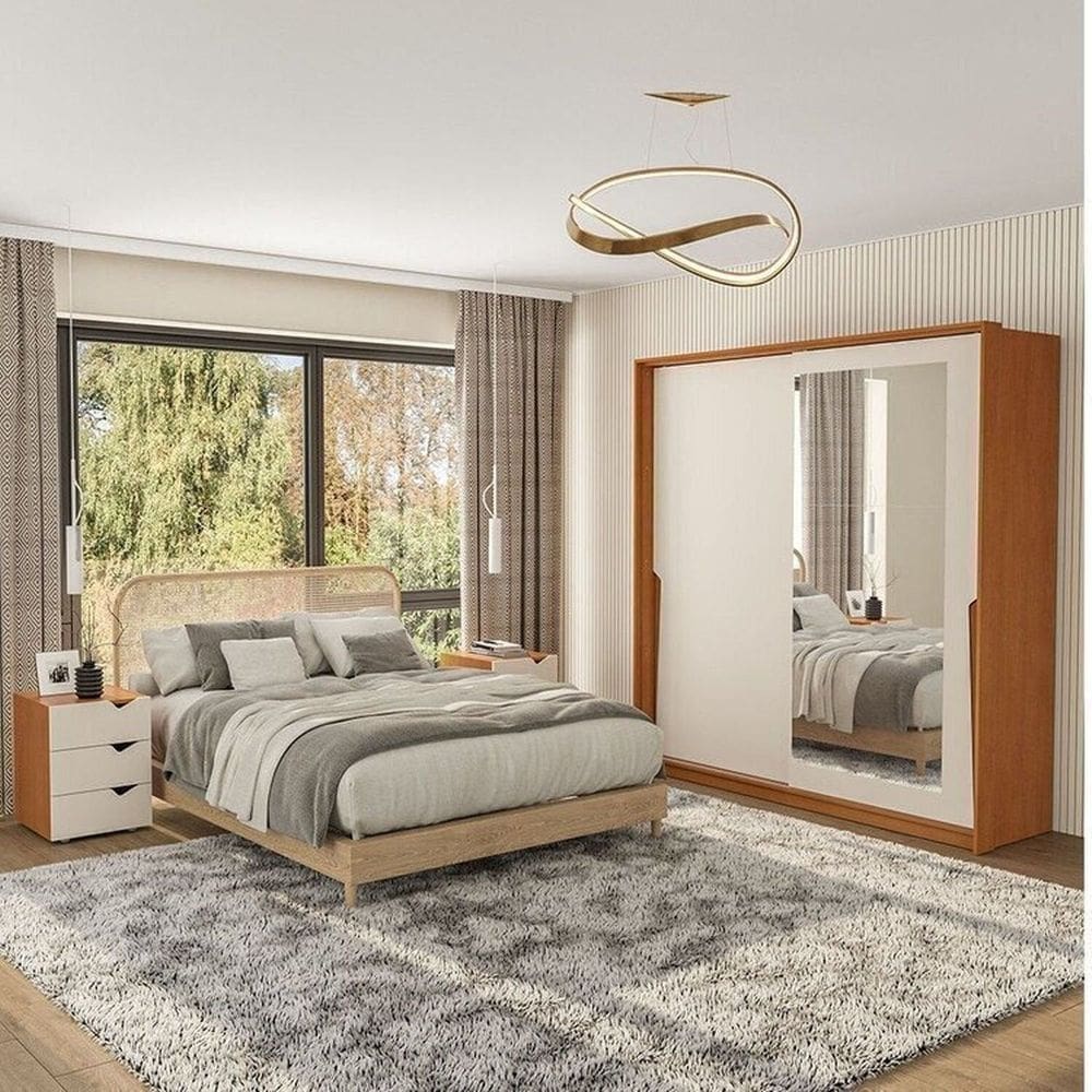 Conjunto 2 Mesas de Cabeceira e 1 Guarda Roupa 2 Portas de Correr com Espelho Porto Creme/Freijó