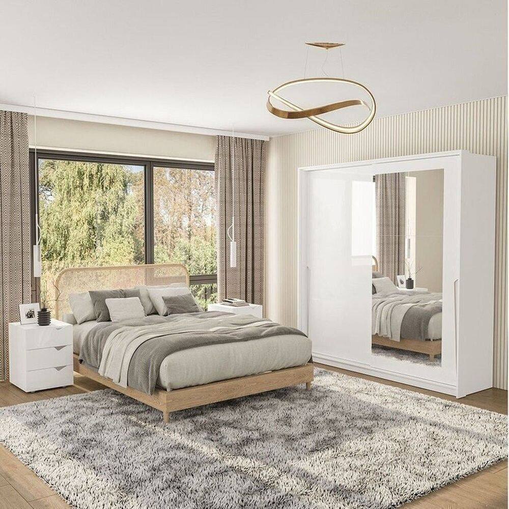 Conjunto 2 Mesas de Cabeceira e 1 Guarda Roupa 2 Portas de Correr com Espelho Porto Branco