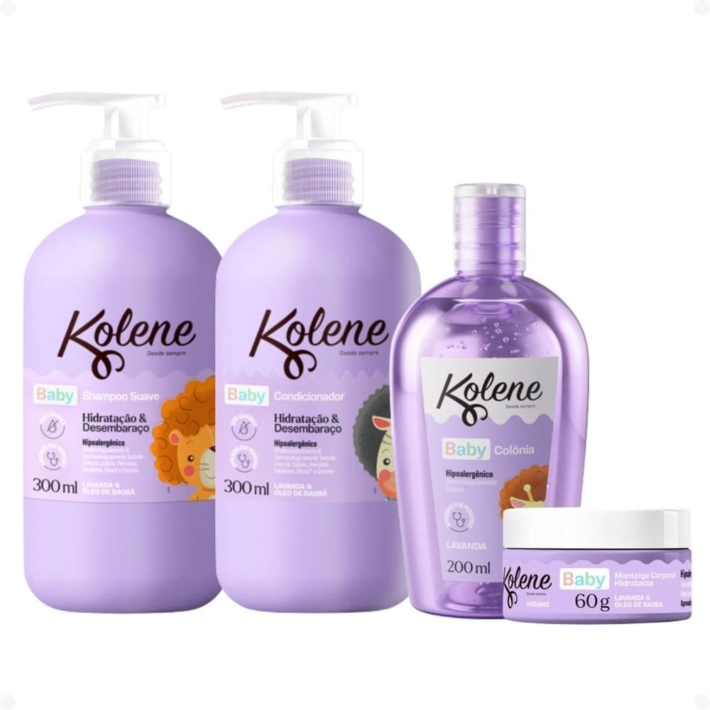 lKit Kolene Baby: Shampoo e Condicionador 300ml, 1 Manteiga Corporal Hidratante 60g e 1 Àgua De Colônia 200ml