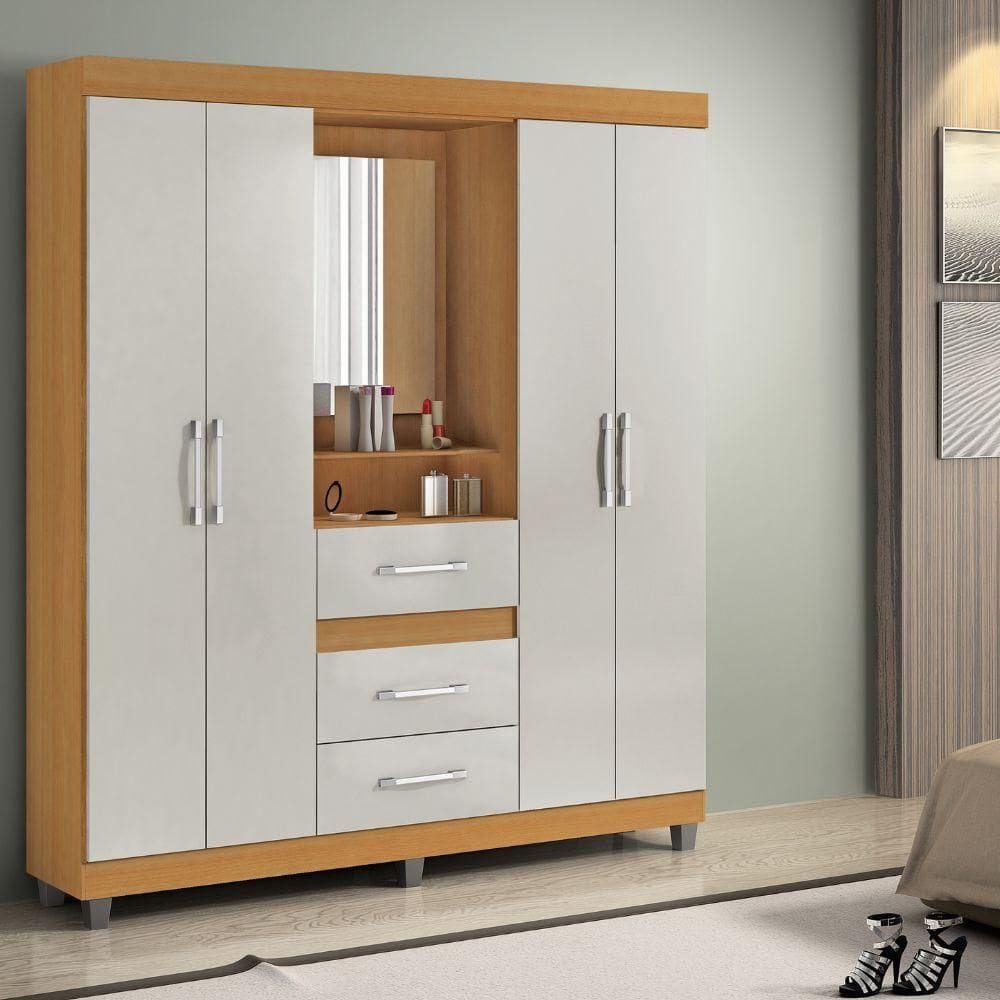 Guarda-Roupa Casal 4 Portas 3 Gavetas Com Espelho Peroba/Off White Capelinha Rei Móveis