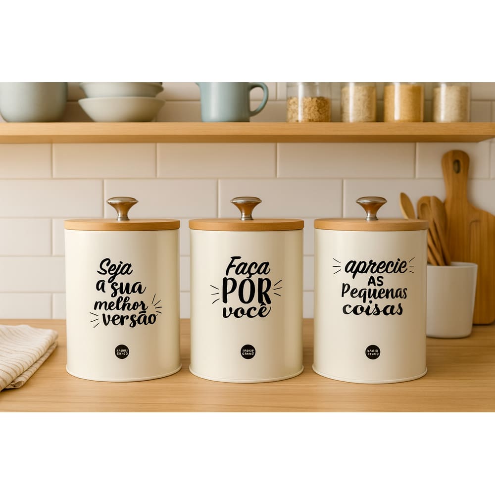 Kit 3 Latas Herméticas Com Frases e Tampa de Bambu - Kit Creme