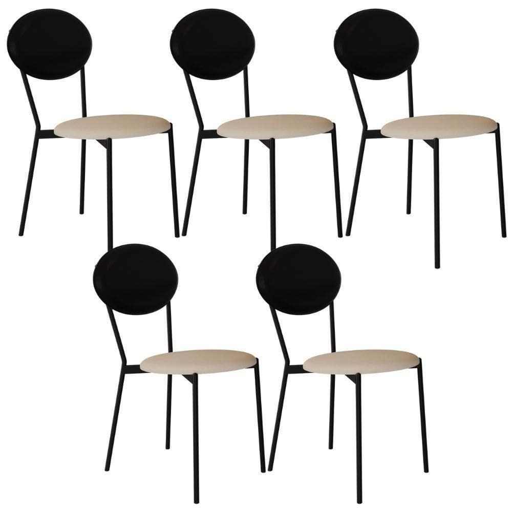 Kit 05 Cadeiras Estofada Para Sala De Jantar Azuri Preto C01 Linho Areia Courino Preto - Lyam Decor