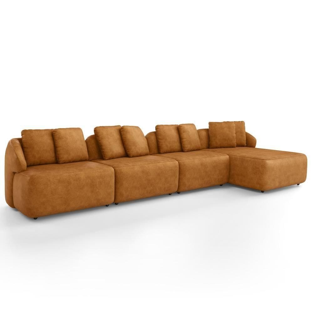 Sofá 5 Lugares Com Chaise Direito Sala Living 334cm Arlo F04 Couríssimo Whisky - Lyam Decor