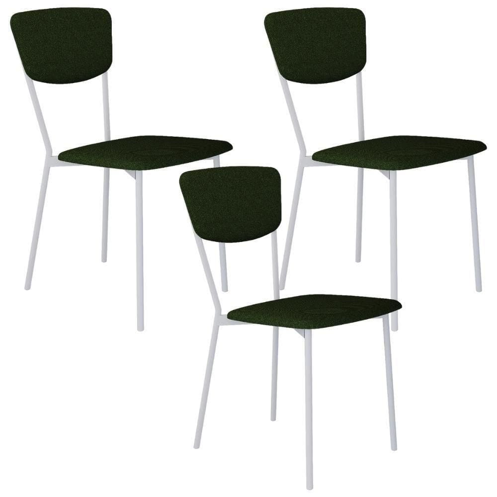 Kit 03 Cadeira Para Sala De Jantar Village Branco C01 Linho Verde Musgo - Lyam Decor