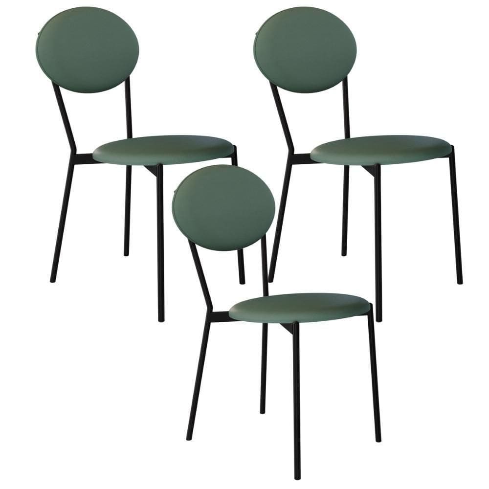 Kit 03 Cadeiras Estofada Para Sala De Jantar Azuri Preto C01 Courino Verde Sálvia - Lyam Decor