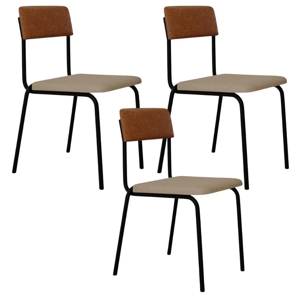 Kit 03 Cadeiras Estofada Para Sala De Jantar Sense Preto C01 Linho Areia Courino Caramelo - Lyam Decor