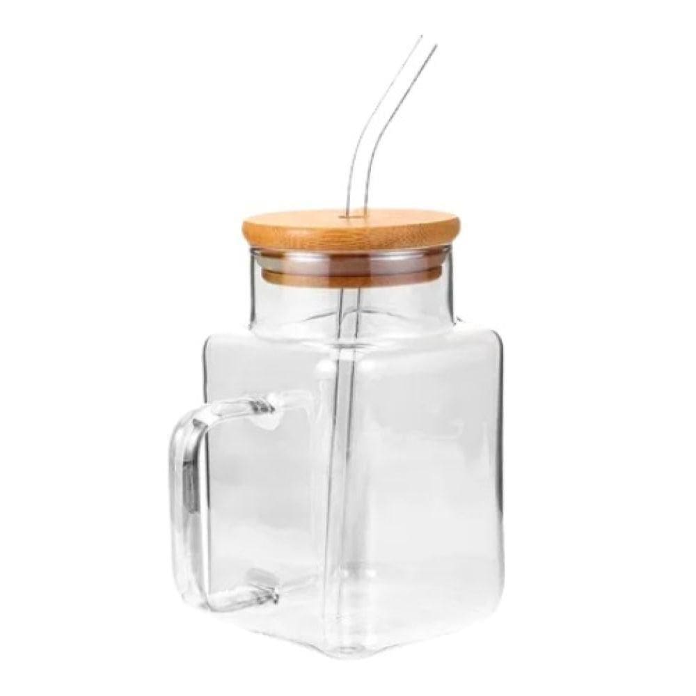Copo de Vidro com Tampa de bambu e Canudo 560 ml- Quanhe