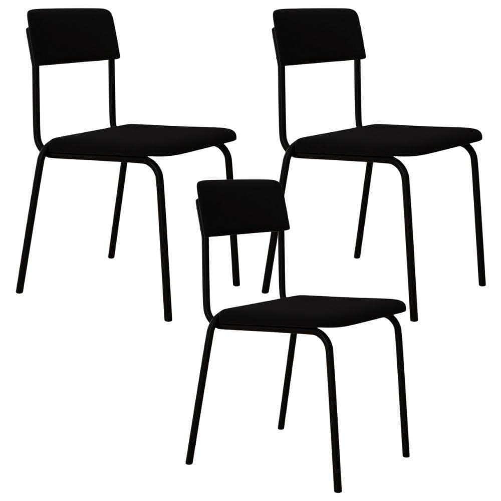 Kit 03 Cadeiras Estofada Para Sala De Jantar Sense Preto C01 Linho Preto - Lyam Decor