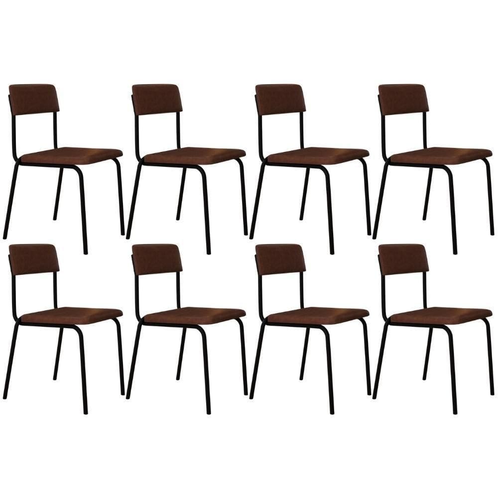 Kit 08 Cadeiras Estofada Para Sala De Jantar Sense Preto C01 Courino Whisky - Lyam Decor