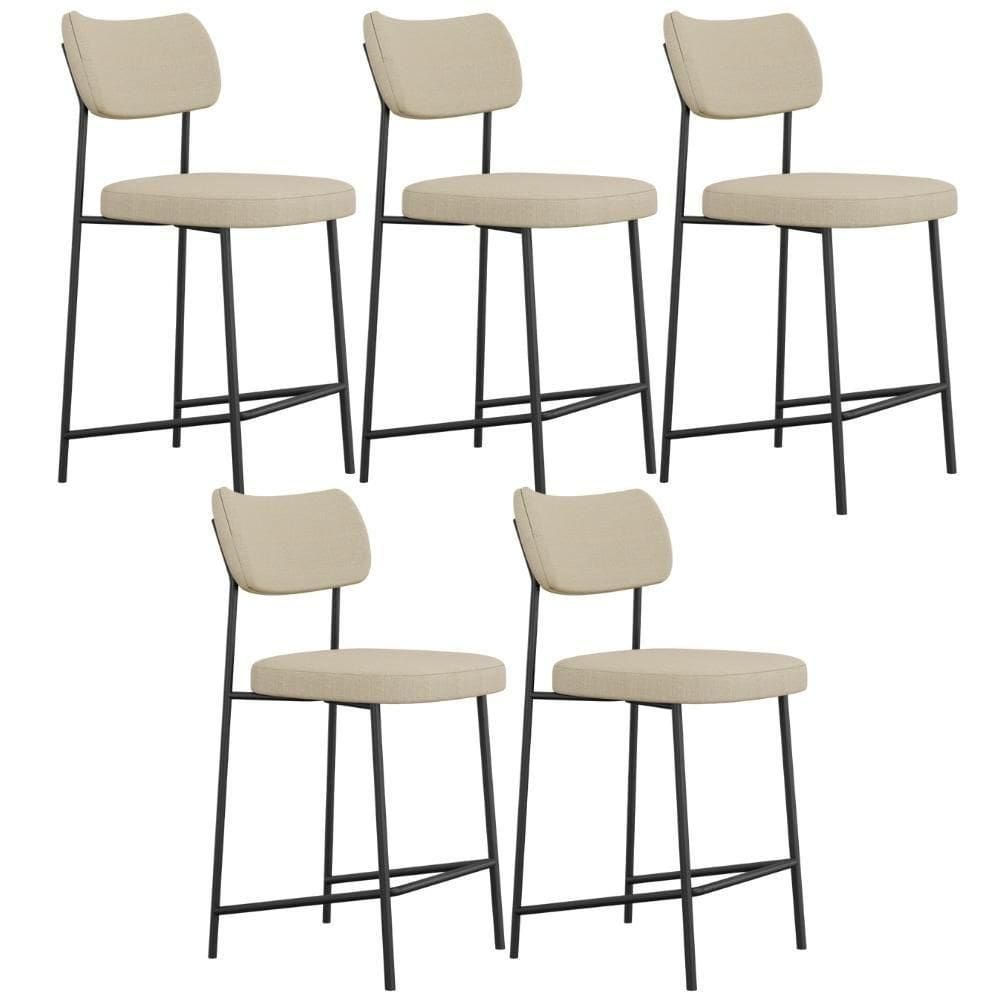 Kit 05 Banquetas Baixa Bar Cozinha Sala De Jantar Preto Elira L02 Linho Bege Escuro - Lyam Decor
