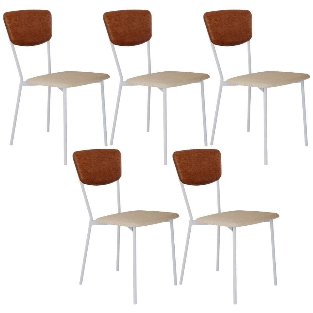 Kit 05 Cadeira Para Sala De Jantar Village Branco C01 Linho Areia Courino Caramelo - Lyam Decor